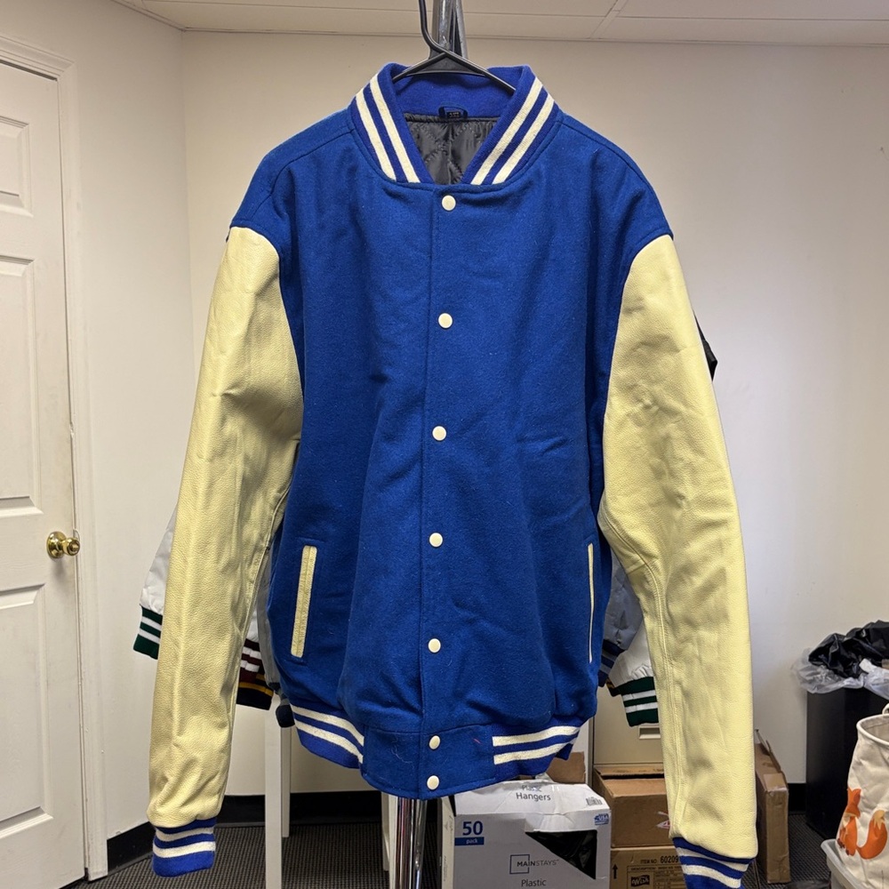 Men's Blue and Cream Varsity Bomber Jacket